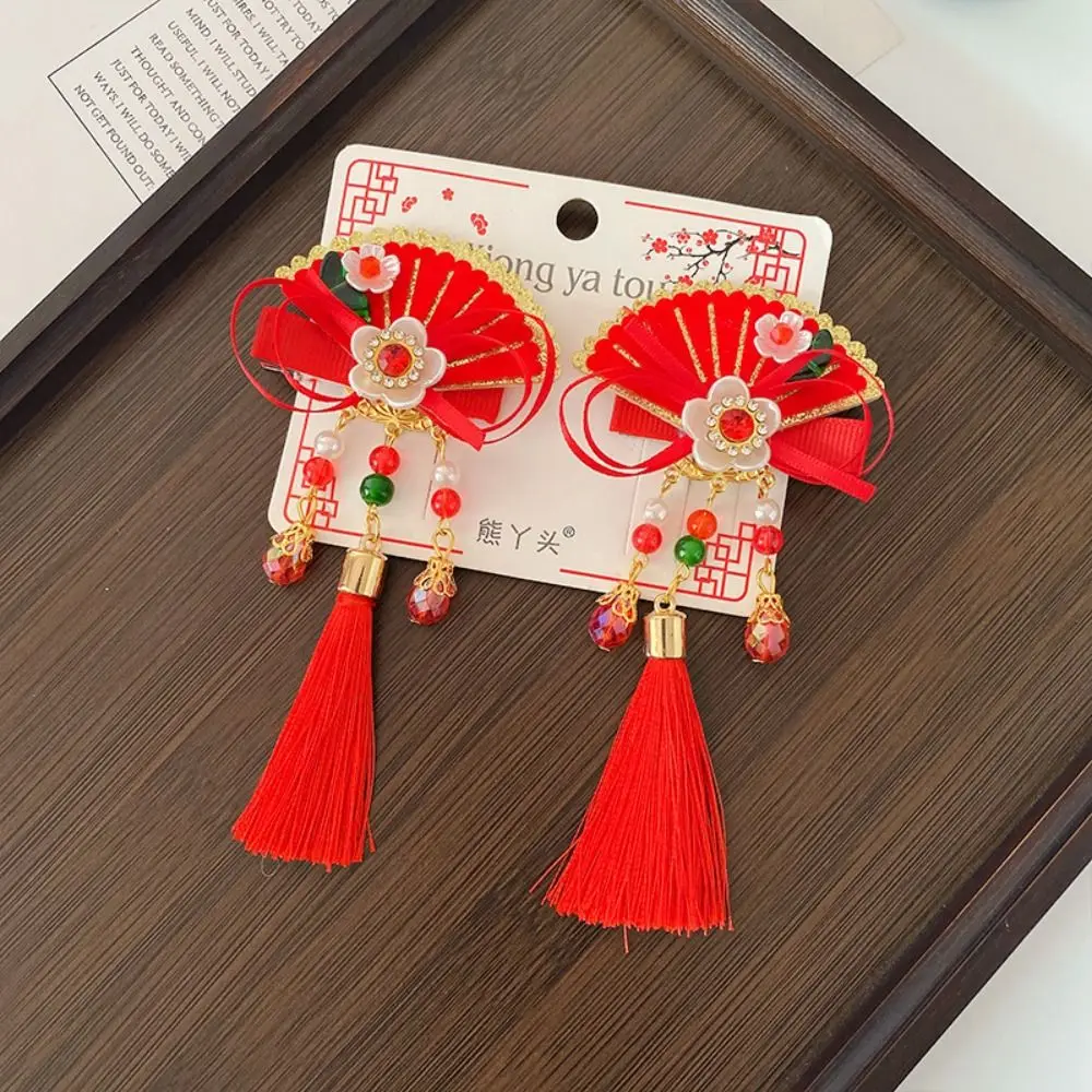 

Hanfu Headwear Children's New Year Hairpin Tang Suit Sweet Chinese Style Red Barrettes Tassel Flower Ancient Style Hair Clip