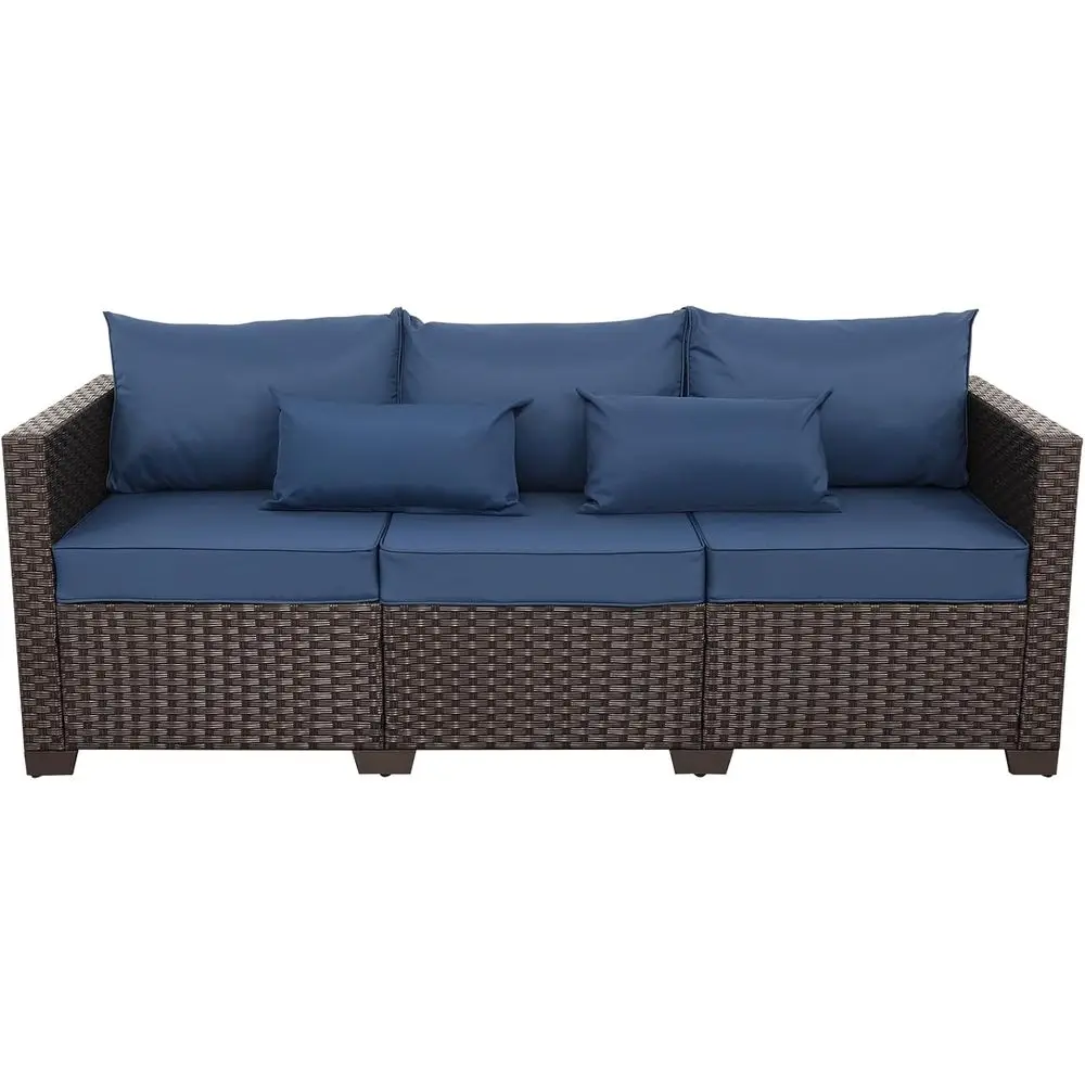 3-Seat Patio Wicker Sofa, Outdoor Rattan Couch Furniture Steel Frame with Furniture Cover and Deep Seat High Back, Blue Anti-Sli