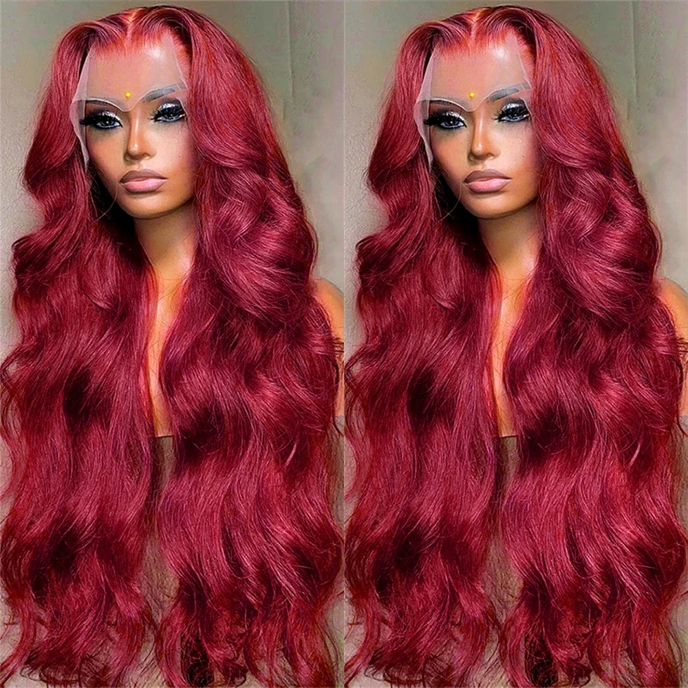 Wine Red Human Hair Wigs Body Wave Burgundy 99J 200% Density 40 Inches 13x6 13x4 HD Transparent Invisible Lace Frontal Wig Pre Plucked Pre Cut Lace Pre Bleached Knots Pre Styled For Women Brazilian Hair