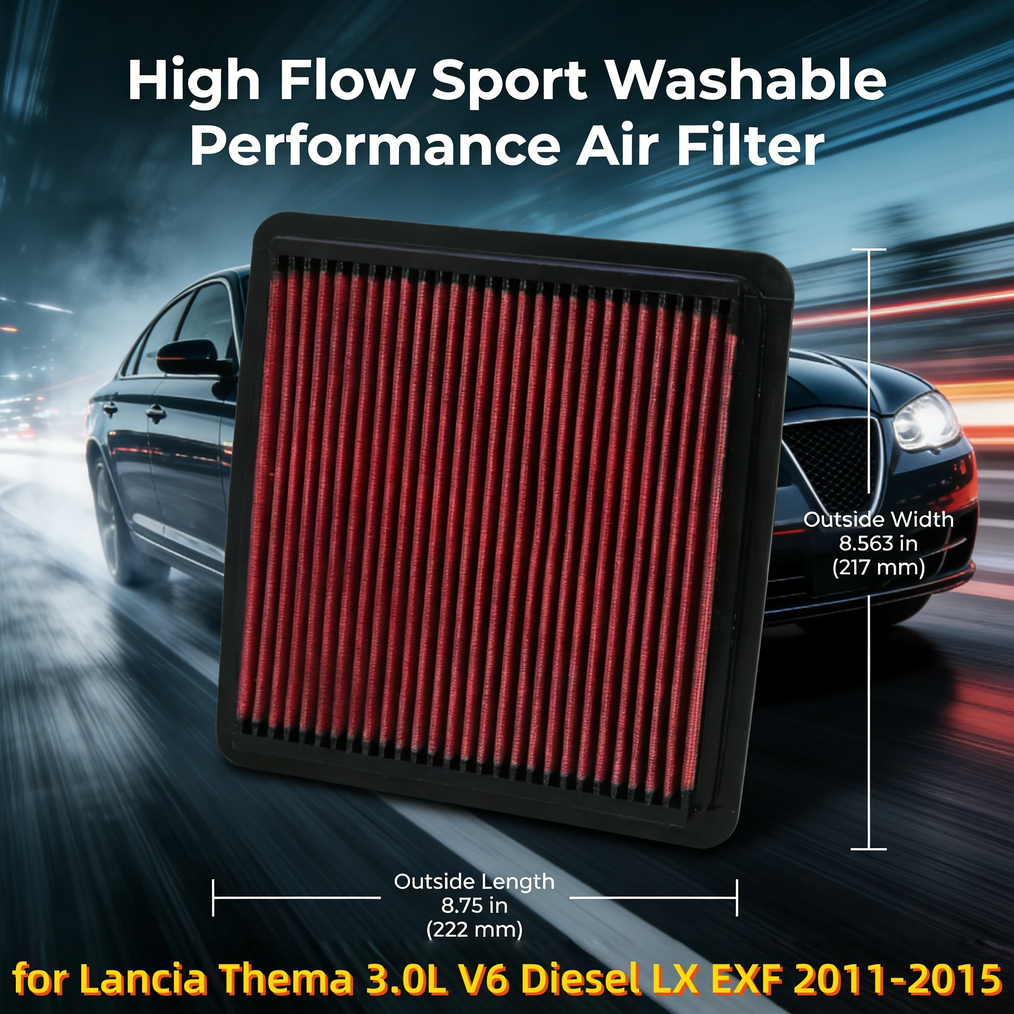 

Спортивный моющийся воздушный фильтр с высокой пропускной способностью для Lancia Thema 3.0L V6 Diesel LX EXF 2011-2015, OEM: 04861688AA, 222 мм x 217 мм