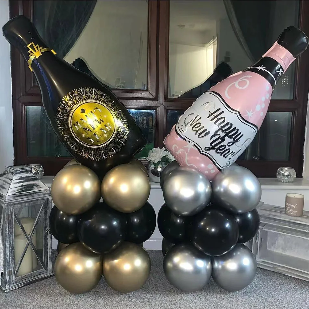 10/15pcs New Years Eve Balloon Pillars 2025 Happy New Year Christmas Home Decoration Champagne Bottle Round Star Balloons Column