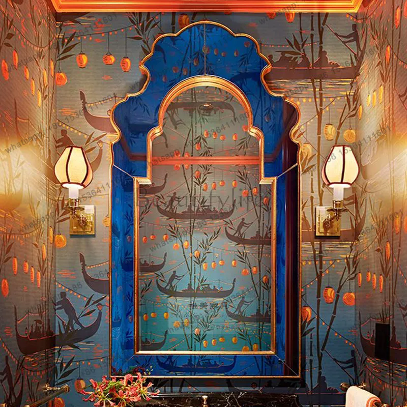 LX European-style bathroom mirror wall-mounted vintage decorative wall-mounted blue mirror