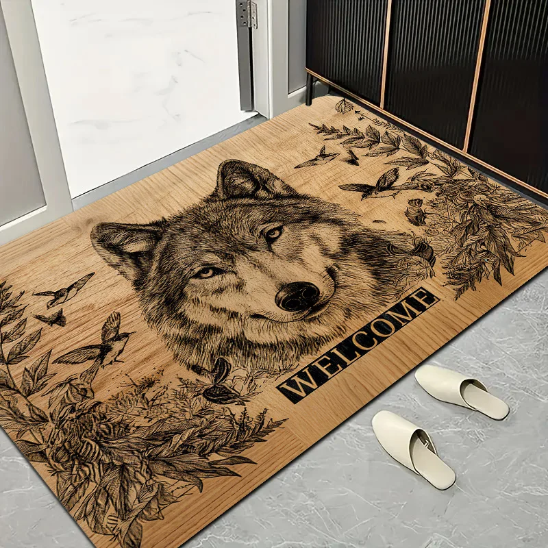 Vintage Wolf Welcome Flannel Doormat Wild Animal Bird Floral Pattern Anti Slip Front Door Mat Rustic Home Entrance Decor