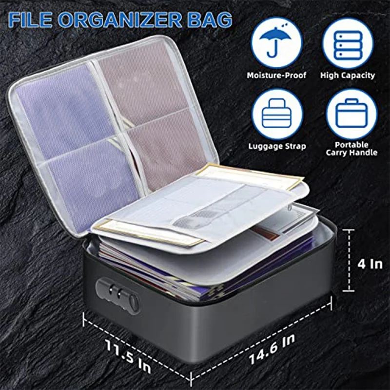 A16R-Document Bag With Lock - Fireproof Moisture Proof 3-Layer 15X11 Inch Important Document Organizer