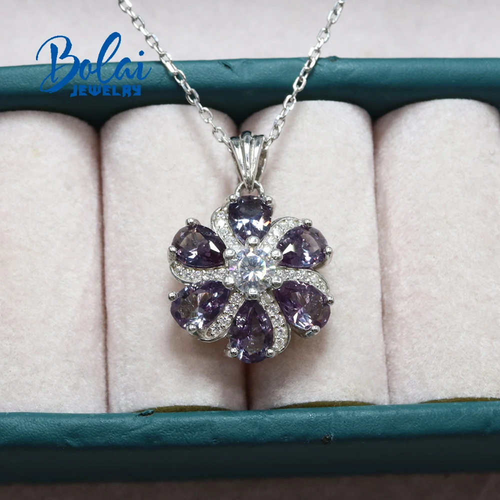 925 Sterling Silver Flower Necklace Created Color Change Synthetic Alexander Nano Pear Pendant Jewelry for Women Party