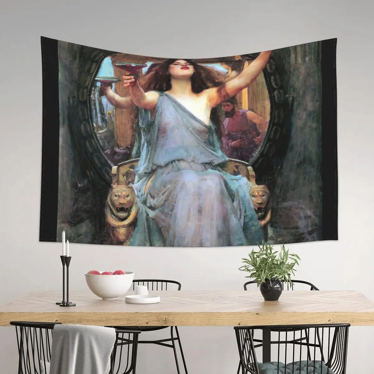 

Circe offering the cup to Odysseus - John William Waterhouse Tapestry Mushroom Wall Decoration Decorative Paintings Tapestry