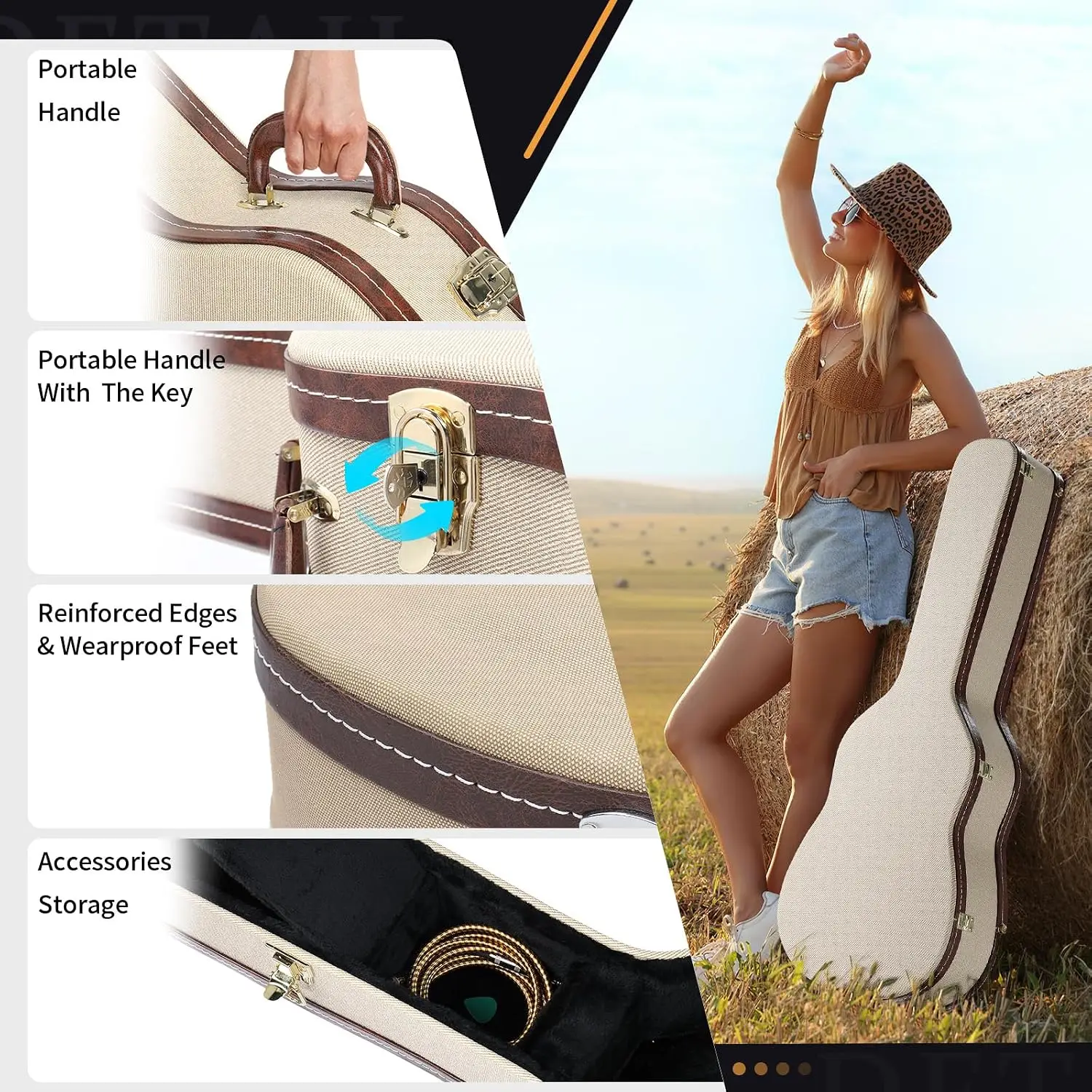 39 Inch Acoustic Guitar Hard Case with Lock Latch, PVC Leather Construction, Custom-Fit Interior, Accessory Storage & Comfortable Handle