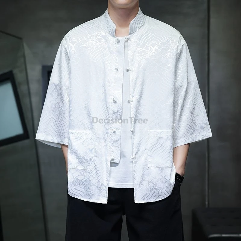 2025 النمط الصيني رقيقة الحرير الجليد قميص رجالي الرجعية الراقية المألوف الجاكار تانغ دعوى قميص صيفي أنيق متعدد الاستخدامات