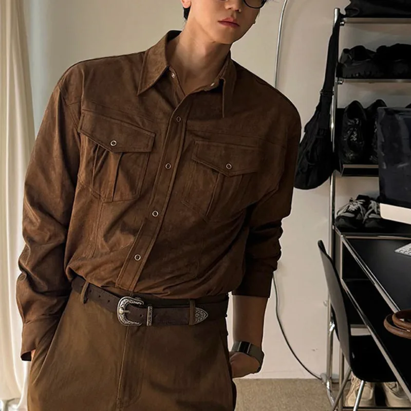 Black High End Suede Texture Shirt Men Classic Collar Dual Chest Pockets Long Sleeve Vintage Chic Casual Top Fashion B55O