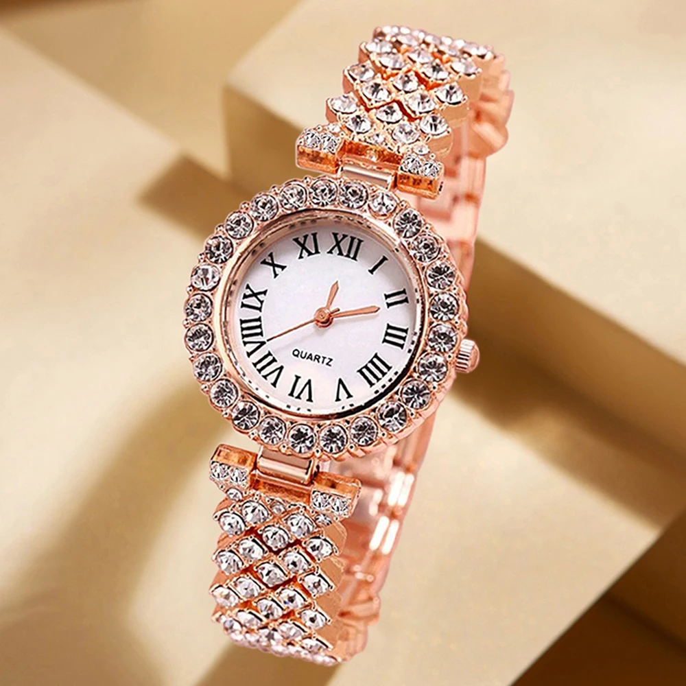 5Pcs/Set Unisex Jewelry Watches Women's Wristwatch Accessories Rose Gold Fashion Business Elegant Trendy Classic Exquisite Retro Light Luxury Rhinestone Luxury Bracelet Watch Set Y2K Suitable for Travel, Vacation, Parties, Daily Outfits, and Our Holiday Gifts
