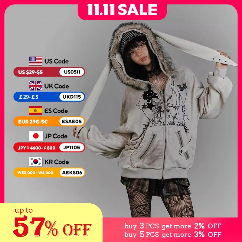 

REDDACHiC Kawaii Bunny Ear Hoodies Jacket Women Thick Fleece Lined Zip Up Fuzzy Hooded Graphic Top Grunge Y2k Aesthetic Clothes