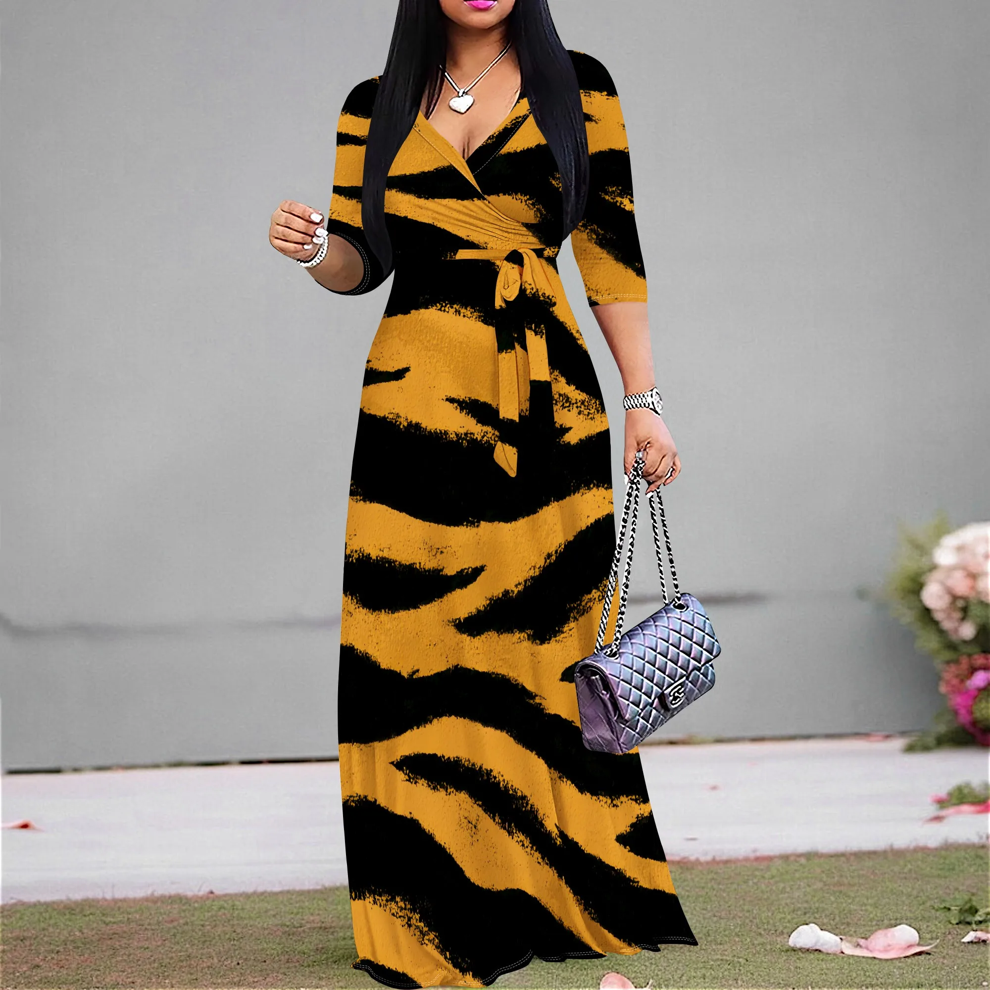 

Women's Tiger Print Wrap Maxi Dress S-3XL Elegant Tie Waist V-Neck Dress for Party & Vacation 2025