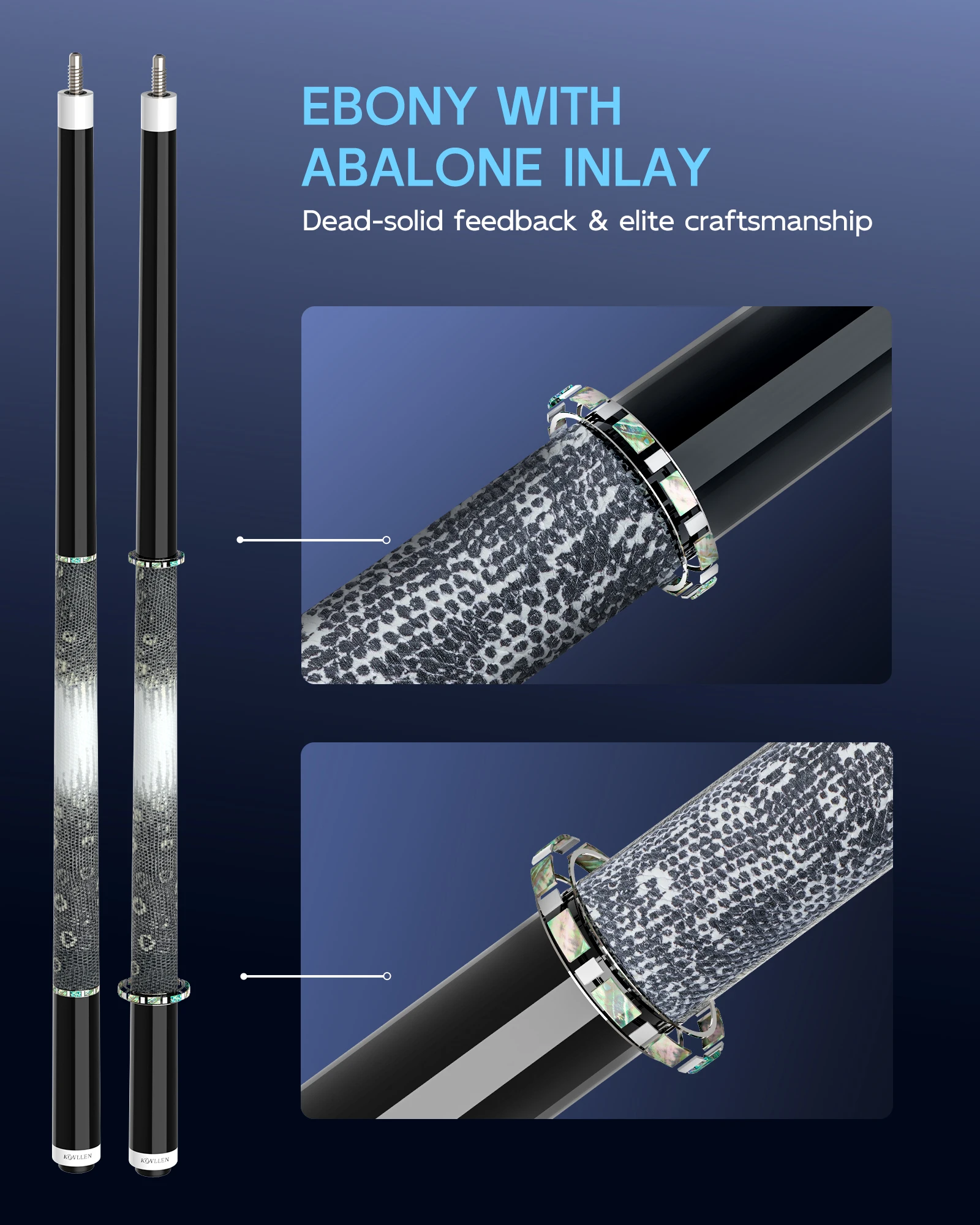 KONLLEN 2.0 Carbon Fiber Pool Cue Low Deflection Pro Taper Shaft 58 Billiard Cue 12.5mm / 11.8mm Tip Radial Pin Real Ebony Inlay
