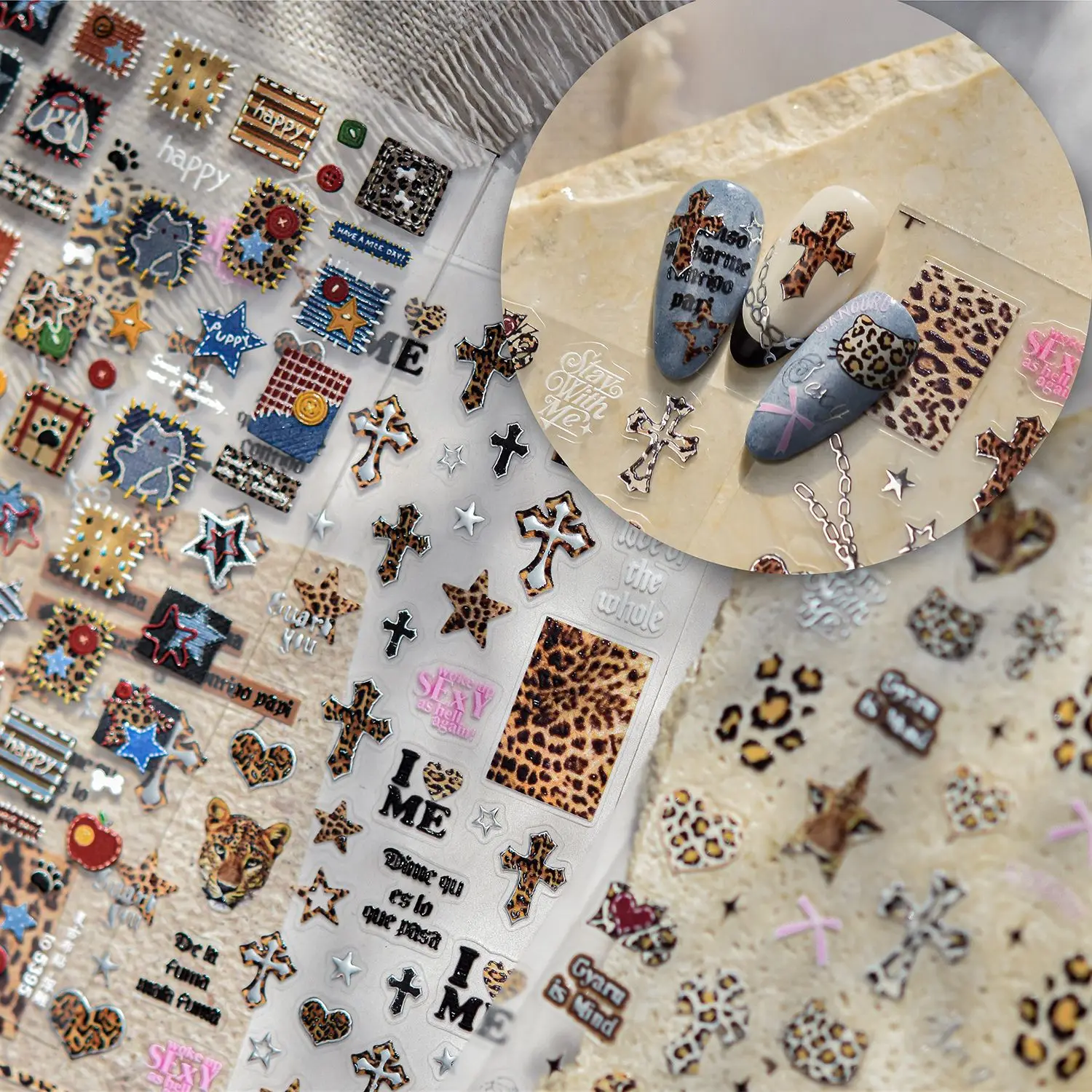 Winter Wild Leopard Print Nail Stickers Retro Metal Animal Cross Love Design Nails Decorations Stickers DIY Manicure Accessories