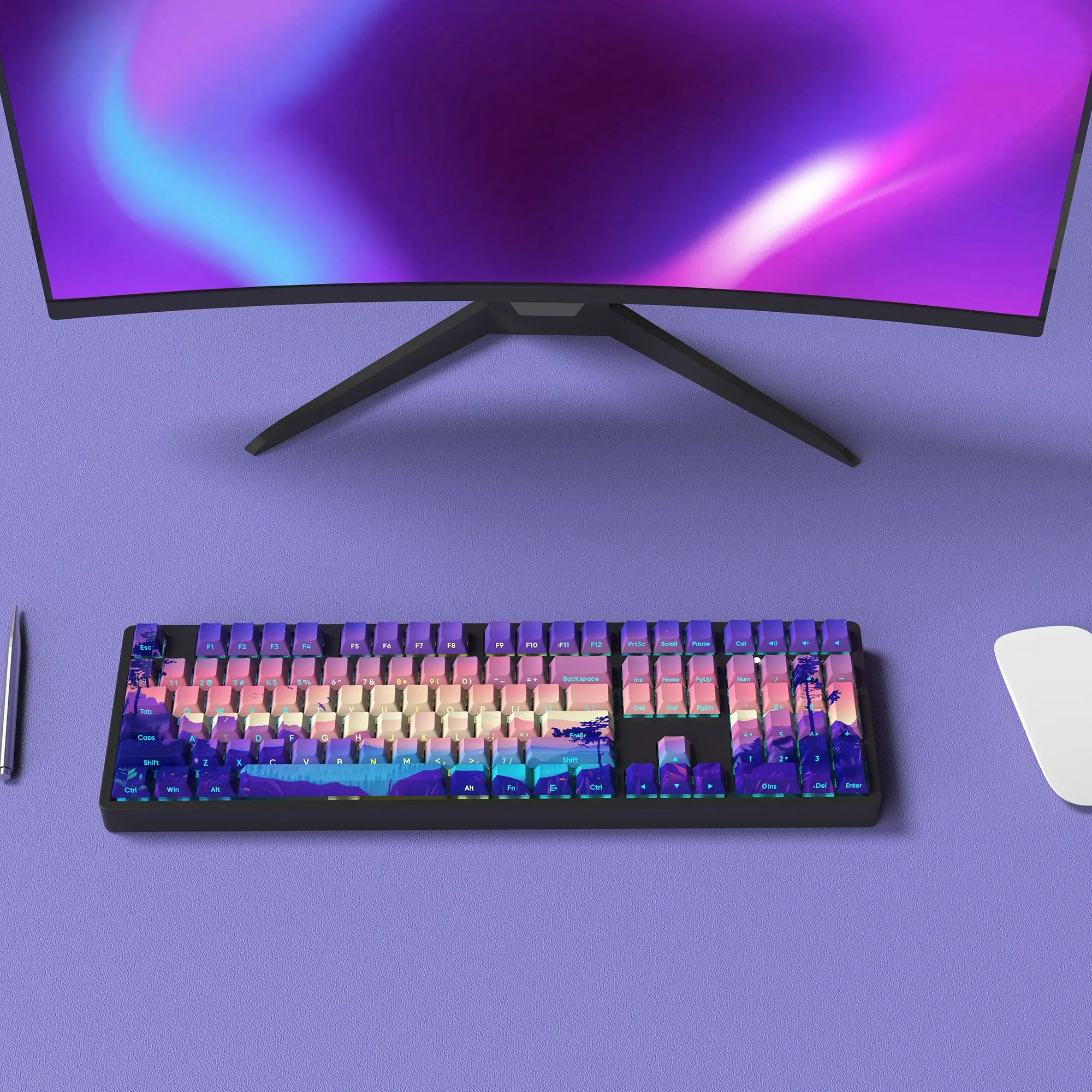 124 Tombol Ungu Lingkungan Tombol Set Profil Ceri Sisi Backlit Tombol PBT Pewarna Sublimasi Tutup Kunci untuk MX Switch Keyboard