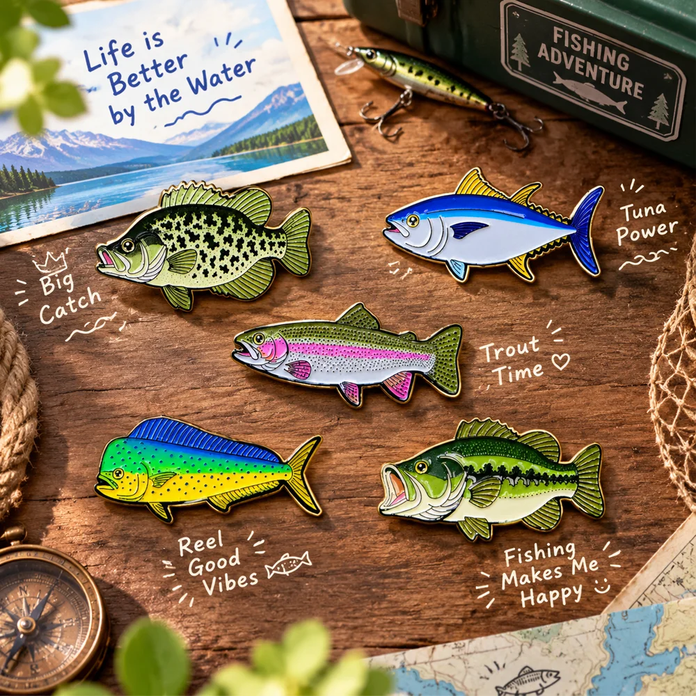 Realistic Fish Enamel Pins Freshwater Saltwater Bass Truna Rainbow Lapel Badge Metal Brooch Fishing Lover Backpack Gift