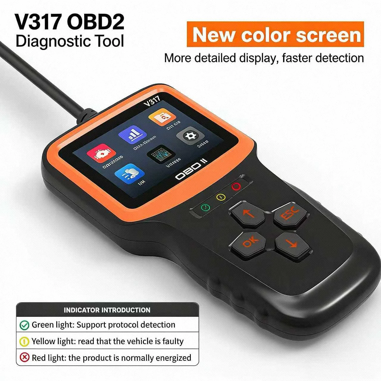 V317 OBD2 Diagnostic Tool Reads/Erases Fault Codes I/M Readiness & Battery Test, 7 Languages For 1996+ US/EU/Asian Cars