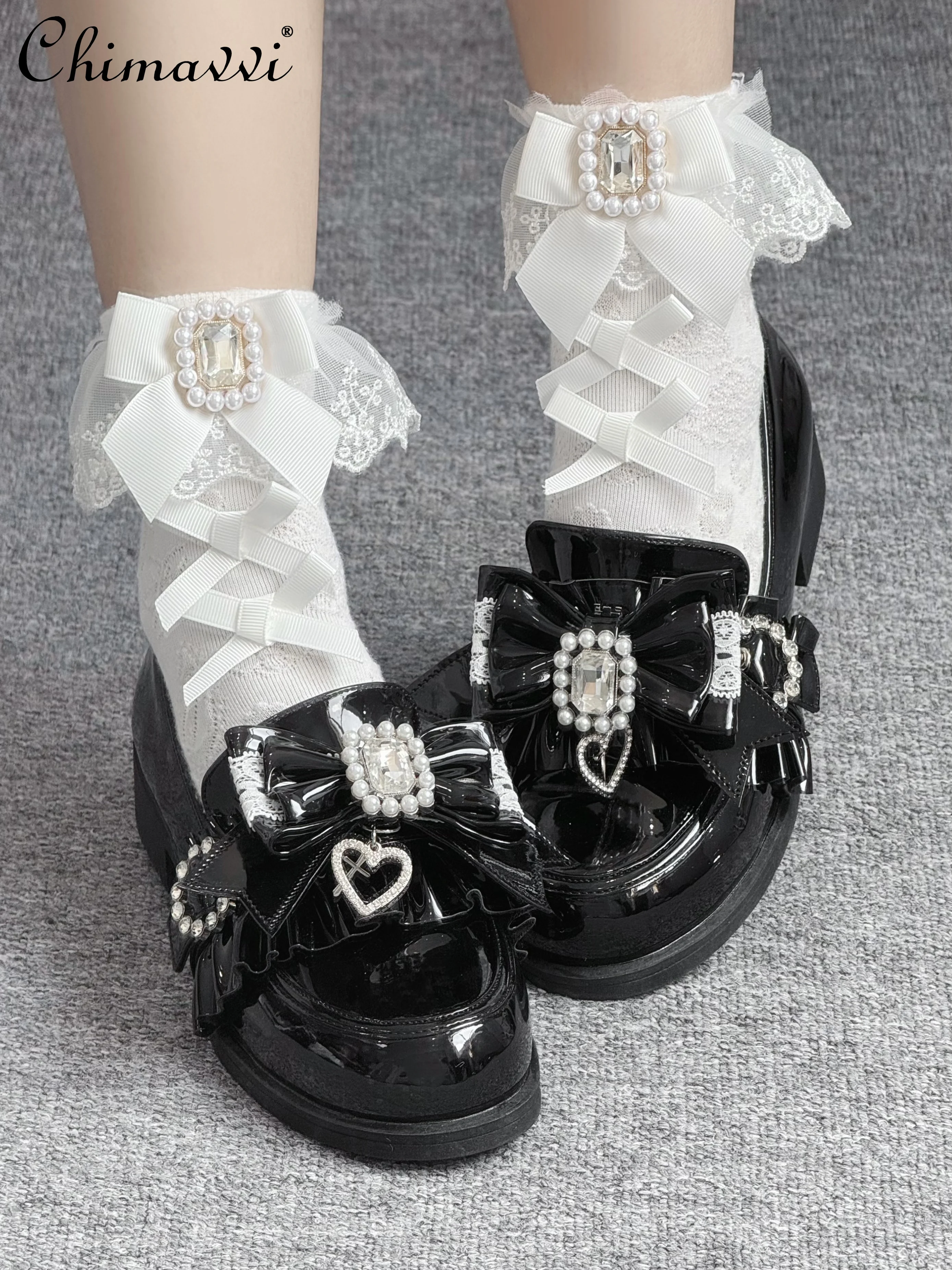 

Original 2025 New Japanese Low Heel Slip-On Loafers Mine Series Heavy Diamond Bow Sweet Cool Girl JK Low Heel Pumps for Women