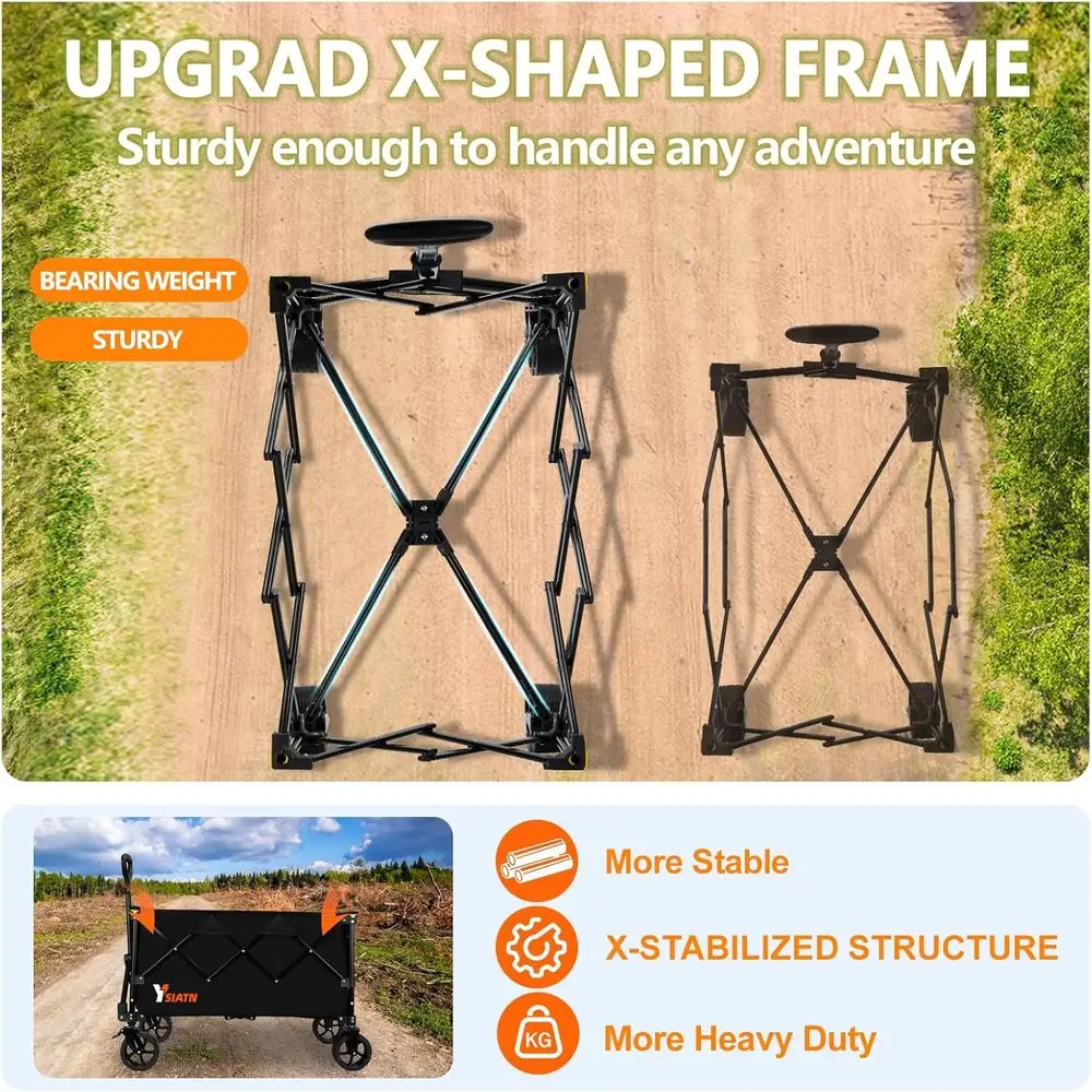 全地形対応折りたたみワゴン、130L容量、ショッピング、ビーチ、スポーツ、釣り、キャンプ用の頑丈なユーティリティカート、ブラック