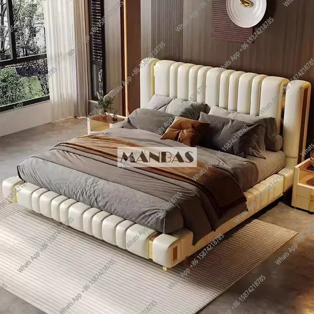 

A69 MANBAS Современная свадебная кровать из натуральной кожи, двуспальная кровать из нержавеющей стали с мягкой спинкой, роскошные двуспальные кровати размера «king-size», 2 человека