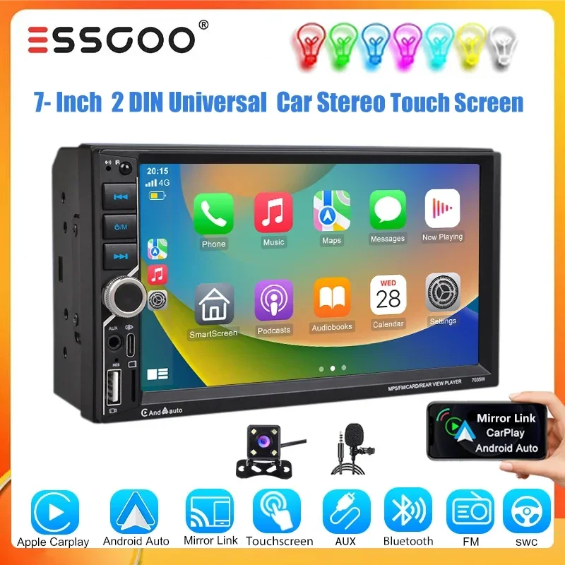 Image of Universal Autoradio ESSGOO 7" 2 DIN IPS-Touchscreen Wireless CarPlay Android Auto Multimedia-MP5-Player USB Bluetooth USB AUX TF