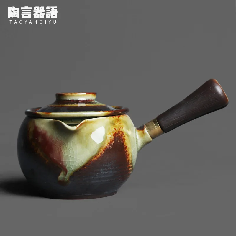 Wood burning fire marks glaze wide mouth side handle teapot matching ceramic filter design removable wooden handle tea maker