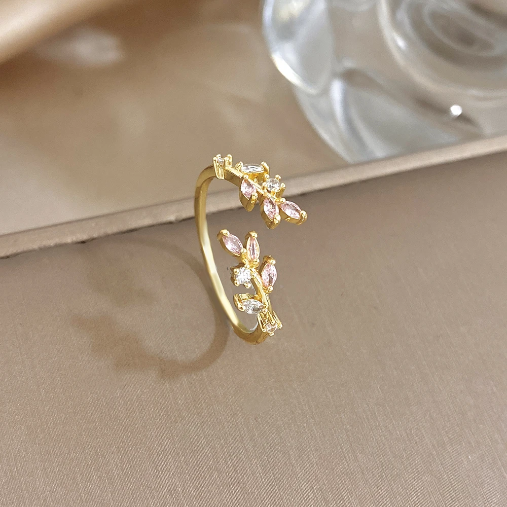 Trendy Colorful Zircon Leaves Branches Open Ring for Women Exquisite Gold Color Stainless Steel Finger Rings Jewelry Gifts