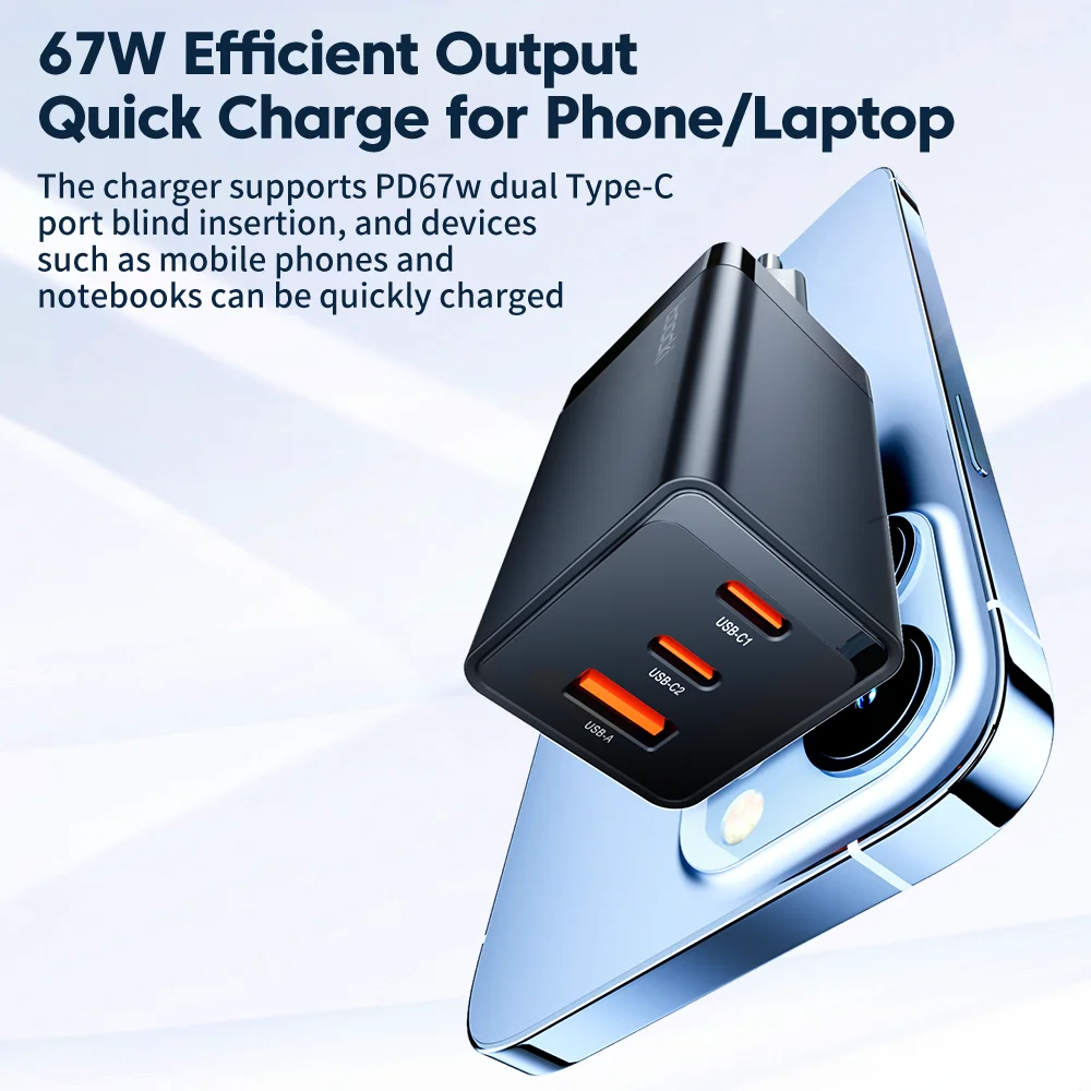 Toocki 67W GaN Charger Quick Charge 4.0 PD3.0 Fast Charging Type C Charger for Macook iPhone 14 13 12 Pro Max Samsung S23 Xiaomi