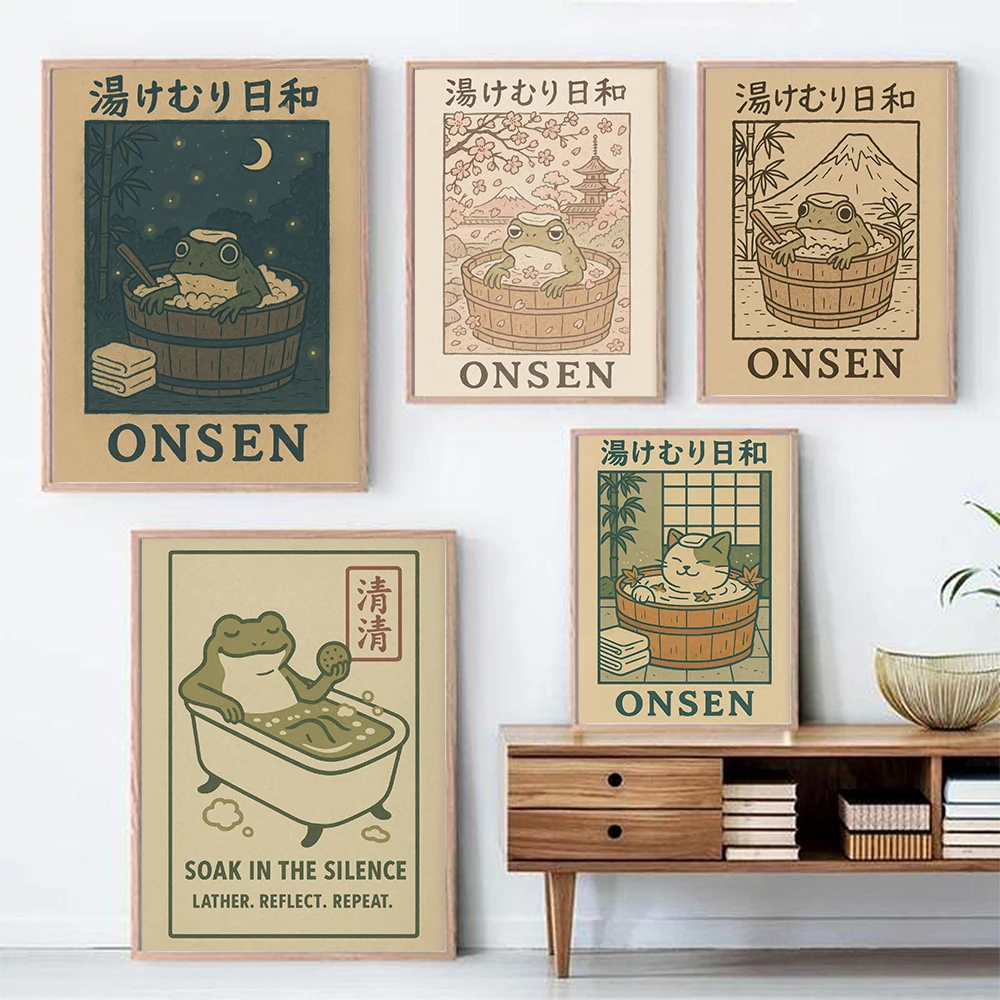 

Japanese Frog Bathroom Wall Art Soak in the Silence Vintage Onsen Poster Funny Zen Frog Print for Bathroom or Spa Home Decor