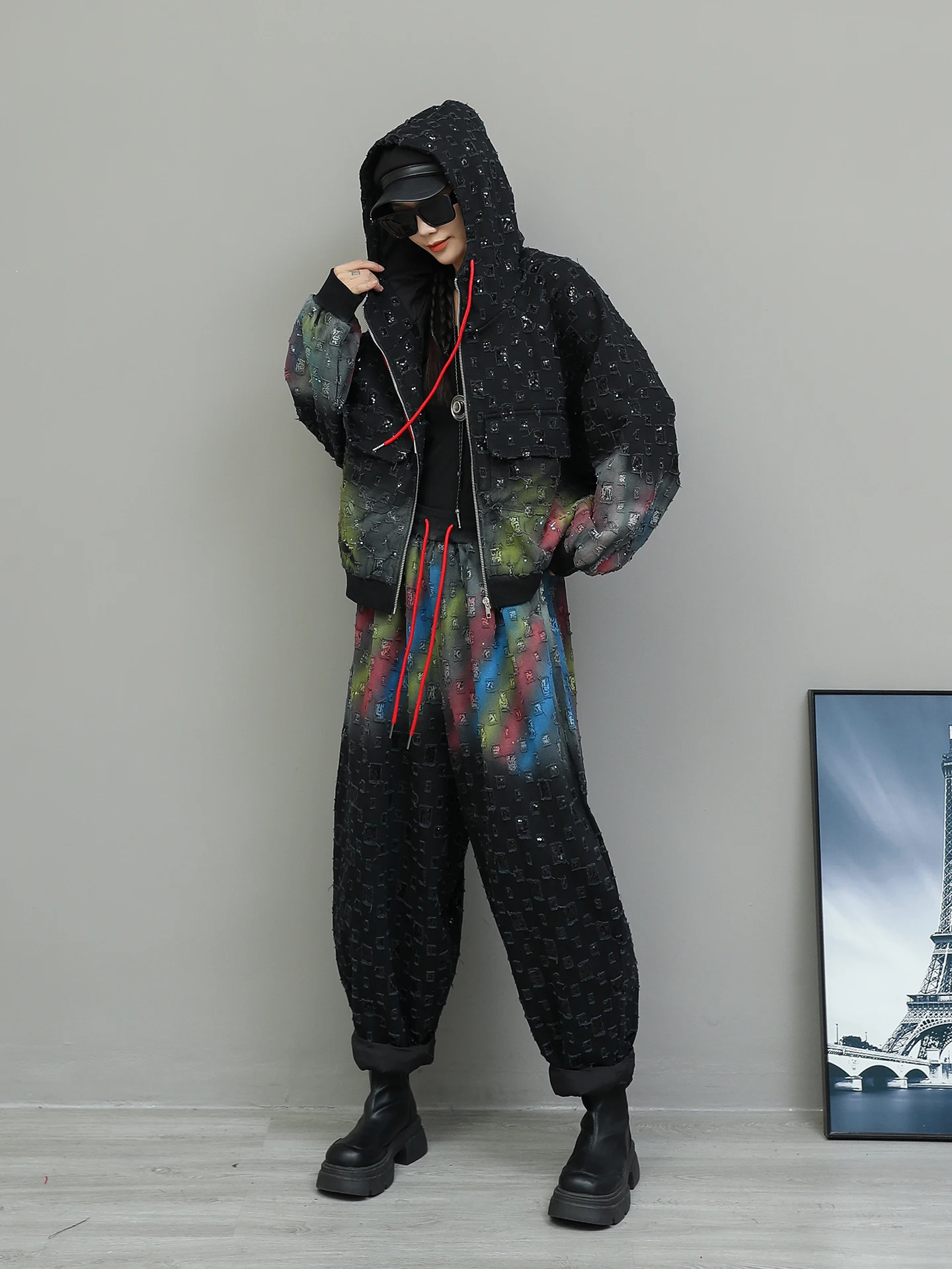 Personalized Colorful Graffiti Denim Hooded Jacket Harem Pants Two-piece Set For Women Autumn Loose Fashion Suit