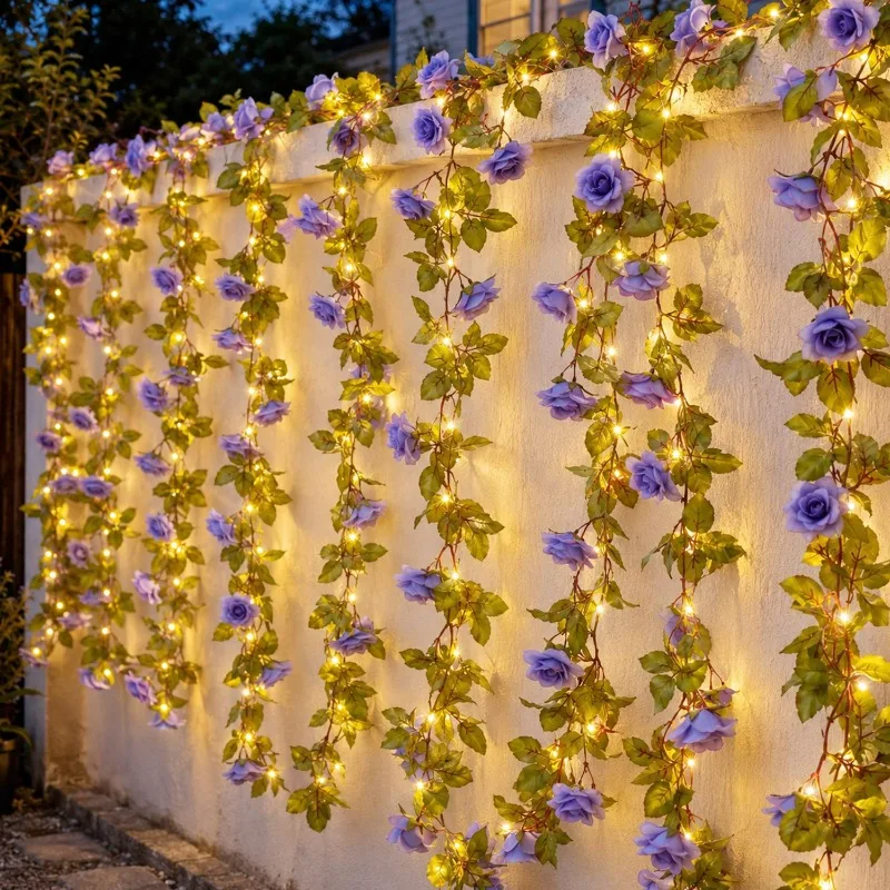2-10M Blue Purple Rose Vine String Light Artificial Rose String Lighting Sweet Vine Design Floral Garland Ambient Lights