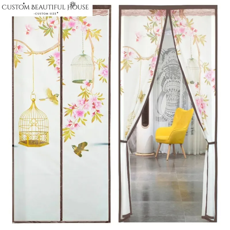 

Custom Size Winter and Summer Universal Floral Print Air Conditioning Door Windproof Automatic Magnetic Closing Door Curtains