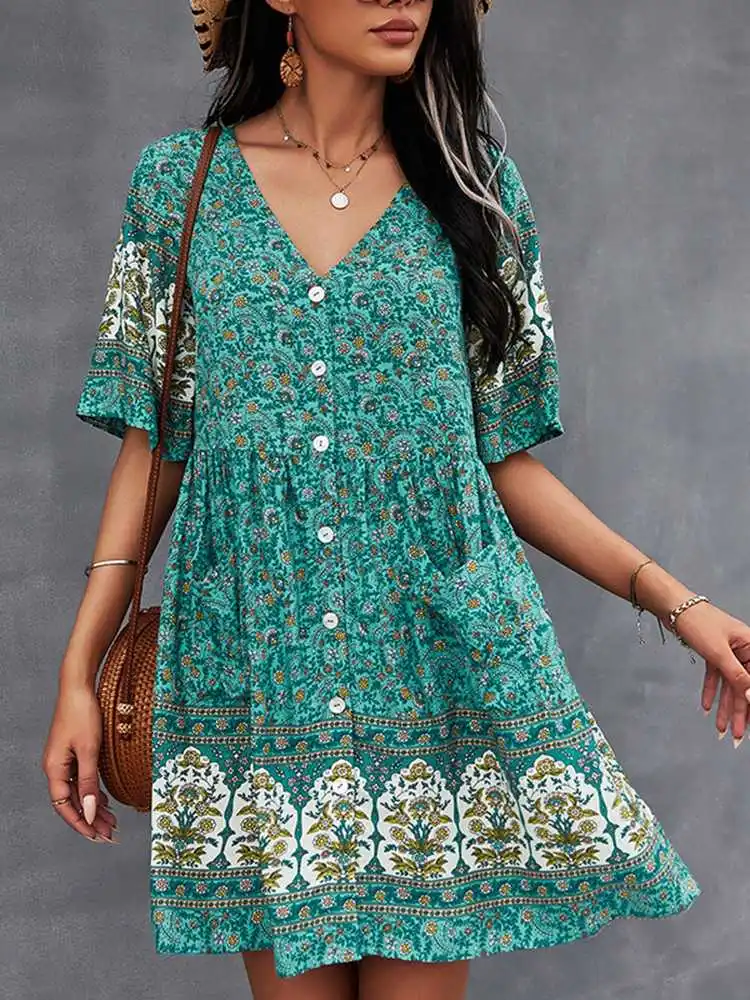 ZANZEA Women V Neck Mini Dress Bohemian Printed  Sundress 2023 Summer Short Sleeve Floral Kaftan Ladies Holiday Button Vestidos