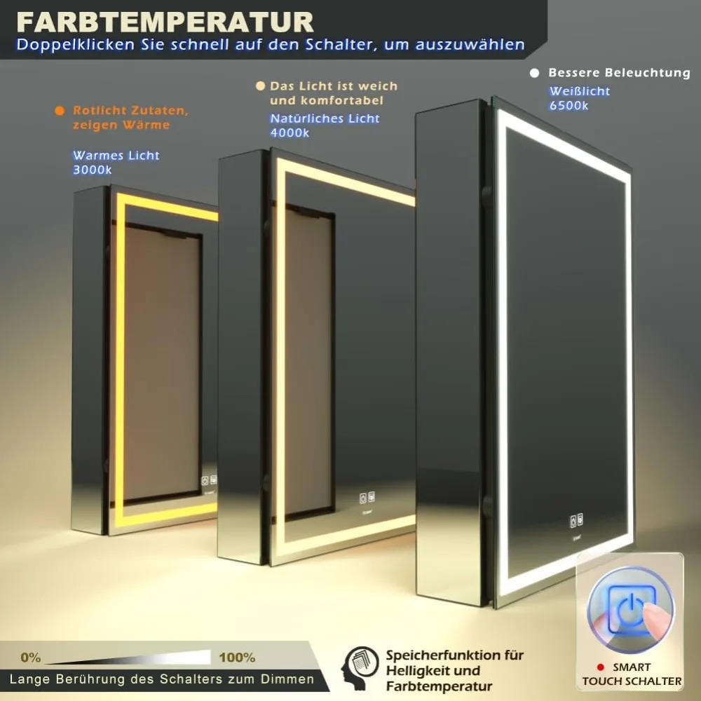 Armoire miroir HOMedicine éclairée par LED avec prises et USB, anti-buée, lumière à intensité variable et réglage des documents