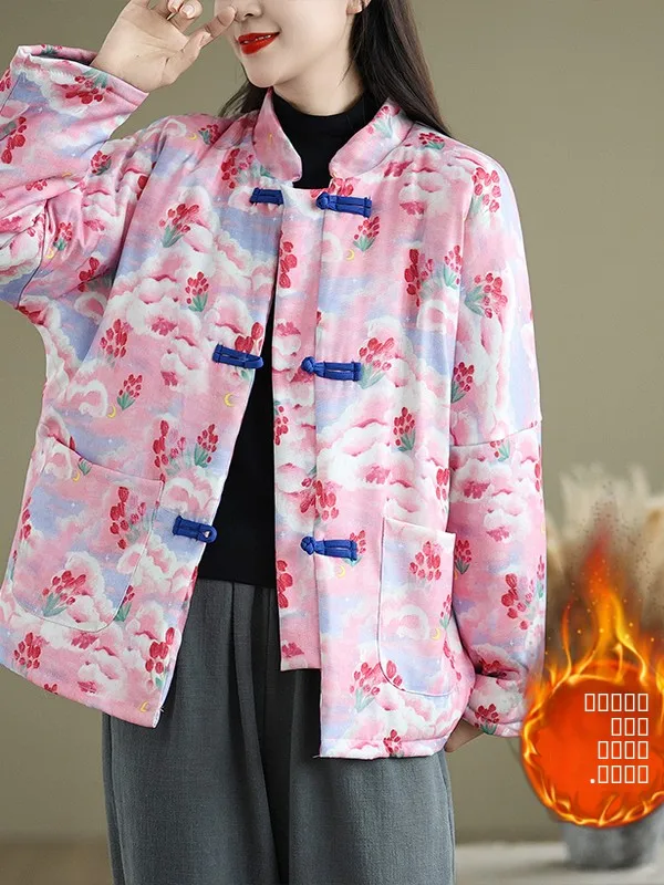 

Thiened Sweet Sle Tang Suit Jaet with Button Clasp Cotton Insert Retro Chinese Trend Brand End of Line Winter Outerwear