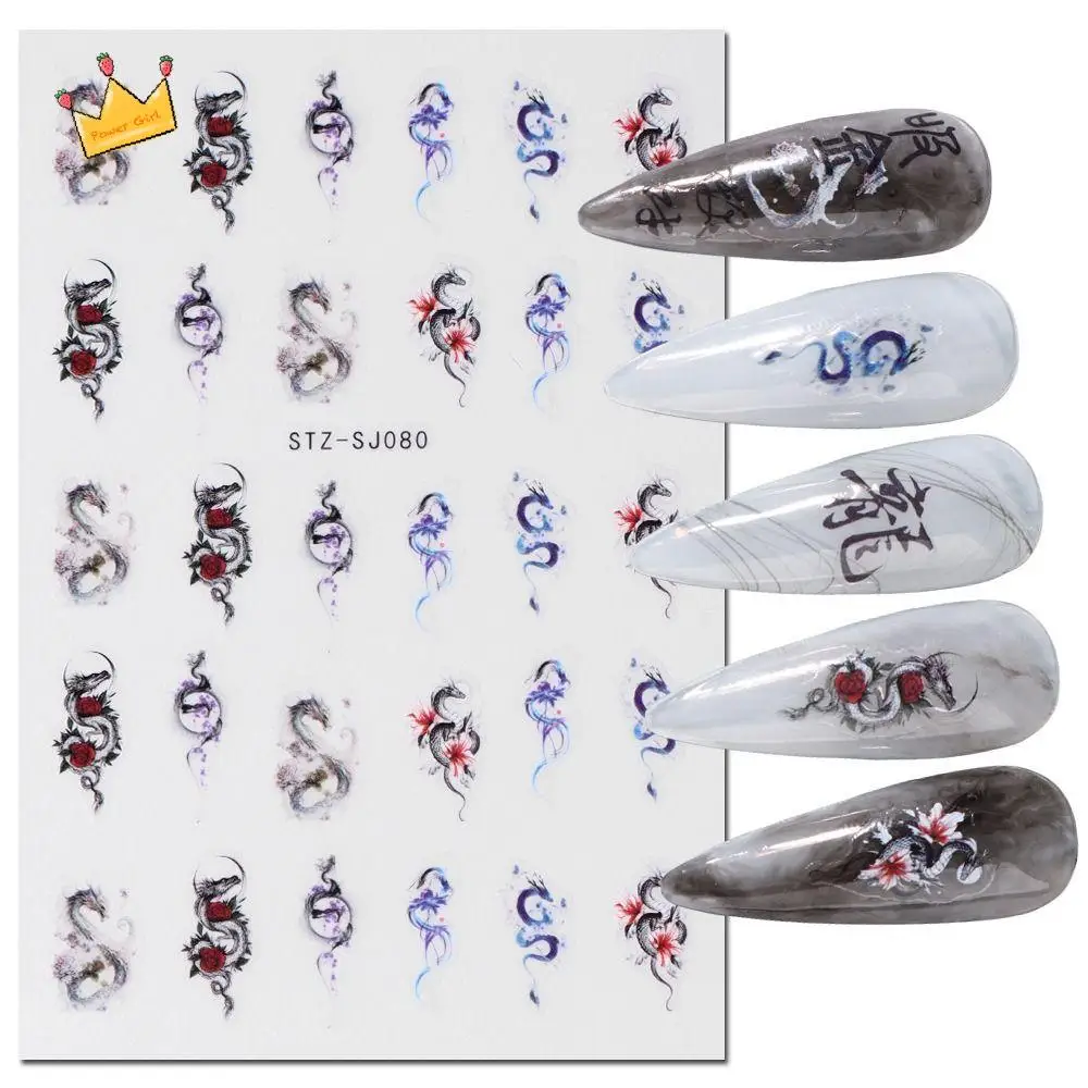 Simpatici adesivi per unghie drago Oro Argento Capodanno Decalcomanie per unghie Carattere cinese Lettera Decalcomanie per manicure Festival di primavera