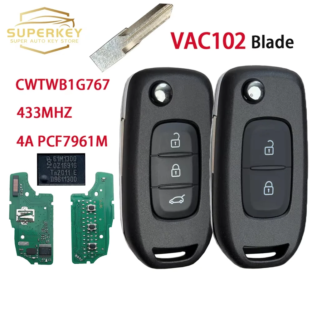

CWTWB1G767 для Renault Megane3 Logan2 Kadjar Symbol Dacia Duster Captur 433 МГц 4A Chip Flip Smart Автомобильный ключ PCF7961M VAC102 Blade