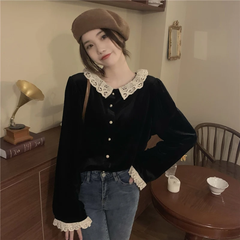 MEXZT Vintage Velvet Shirts Women Elegant Lace Patchwork Blouses Office Lady Korean Sweet Ruffles Long Sleeve Casual Tops New