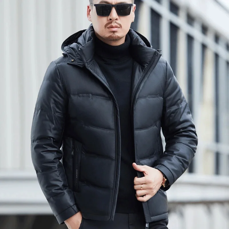 

Winter YXL-6628 New Men's Genuine Leather Down Coat Sheepskin Casual Hooded Removable Warm Thickened