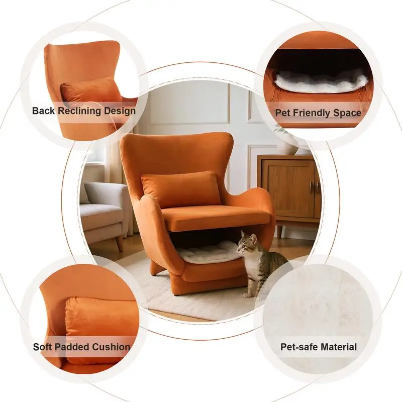 Modern Velvet 2-in-1 Pet-Friendly Lounge Chair, Upholstered Back Accent Chair for Living Room & Office, Orange, Leisure Single
