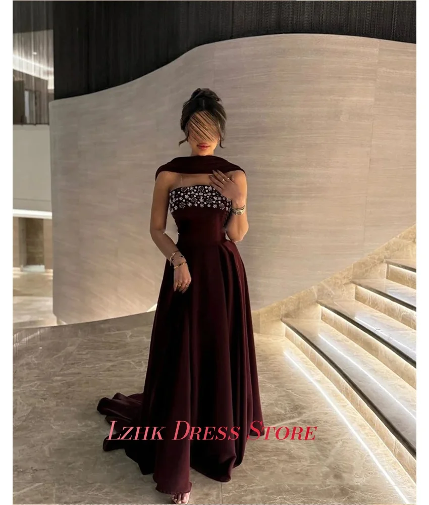 맞춤형 모던 저지 A라인 탈부착 가능한 소매 크리스탈 이브닝 드레스 섬세한 민소매 스트랩리스 플로어 기장 프롬 드레스