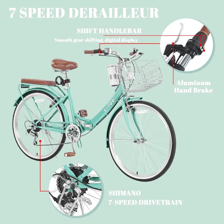 دراجة كروزر الشاطئ للنساء 24 26 بوصة 7 سرعات مع سلة قابلة للطي دراجة حامل فنجان القهوة المزدوج VType الفرامل مقعد قابل للتعديل