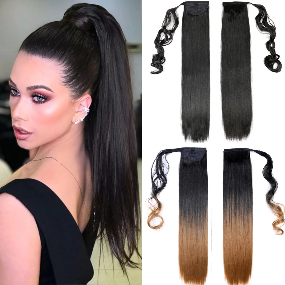 

Clip in Ponytail Extension Wrap Around Long Straight Pony Tail Hair 22 Inch & Wavy 17 Inch Synthetic Hairpiece Hair Extensions