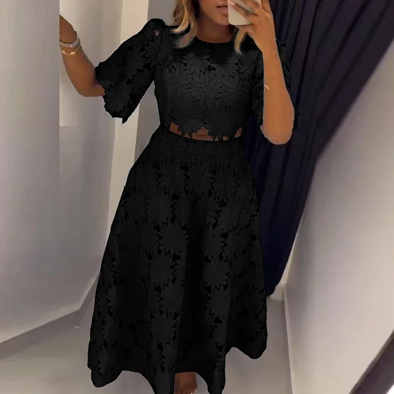 Fashion O-neck Pullover Top & Long SKirt Set Women Casual Short Sleeve Solid Party Outfits Elegant Lace Hollow A-Line 2Pc Suits
