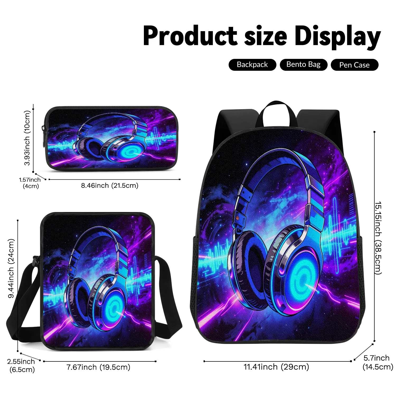 3-Piece Neon Headphone Print Backpack Set, Includes Backpack, Crossbody Bag and Pencil Case, Lightweight Unisex