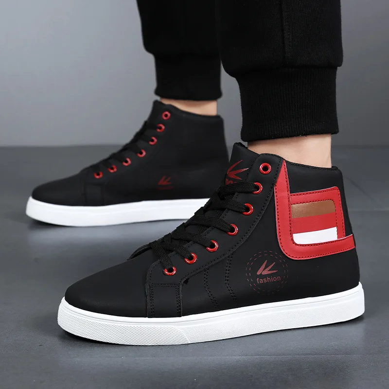 

2025 New Men's Fashion High Top Shoes Korean Edition Trendy Board Shoes Leather Surface Casual Sports Shoes