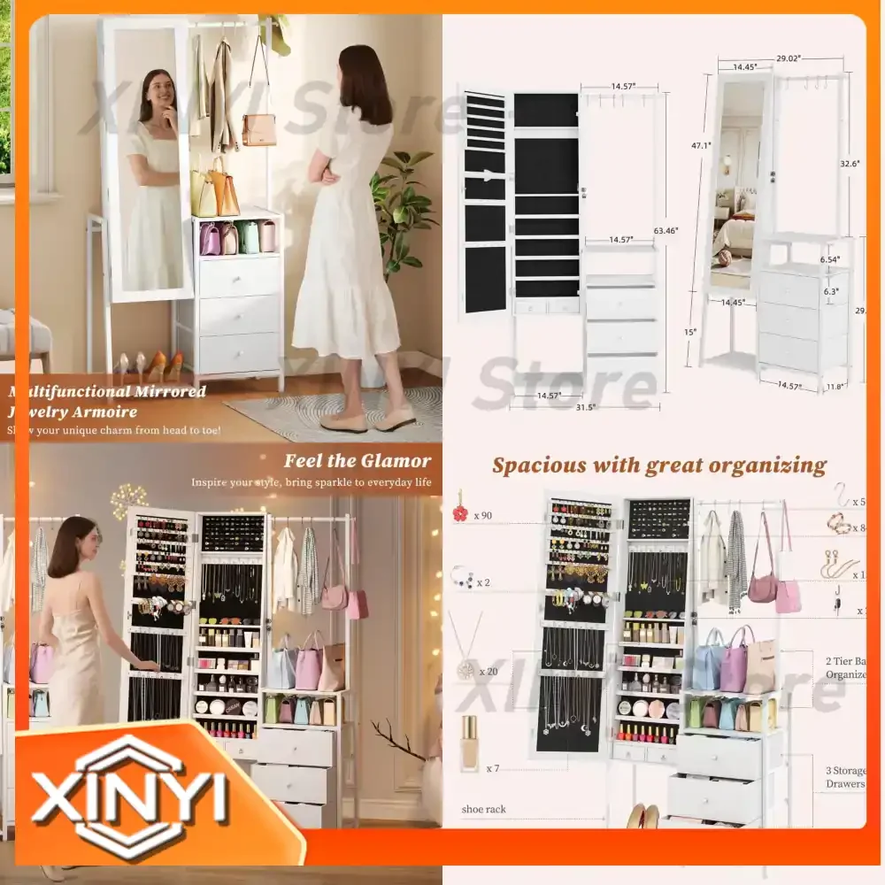 Mirror Jewelry Cabinet with Lock Storage Box Full-Length Mirror with Storage Compartment Handbag and Shoe Rack for Organizing