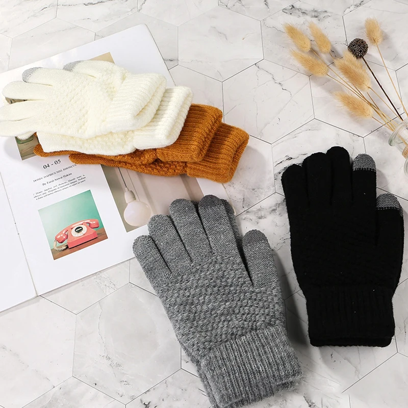 Winter Touch Screen Gloves Warm Stretch Knitted Mittens Imitation Wool Full Finger Gloves Women Men Crochet Mittens