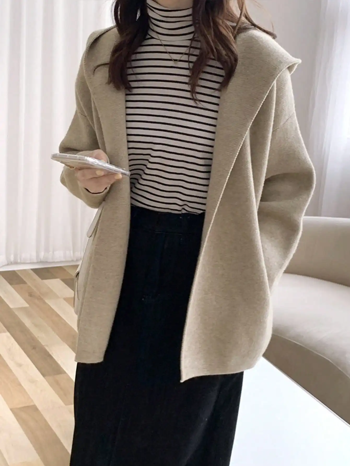 

Женский вязаный кардиган оверсайз с капюшоном, бежевый, свободный крой, осень-зима