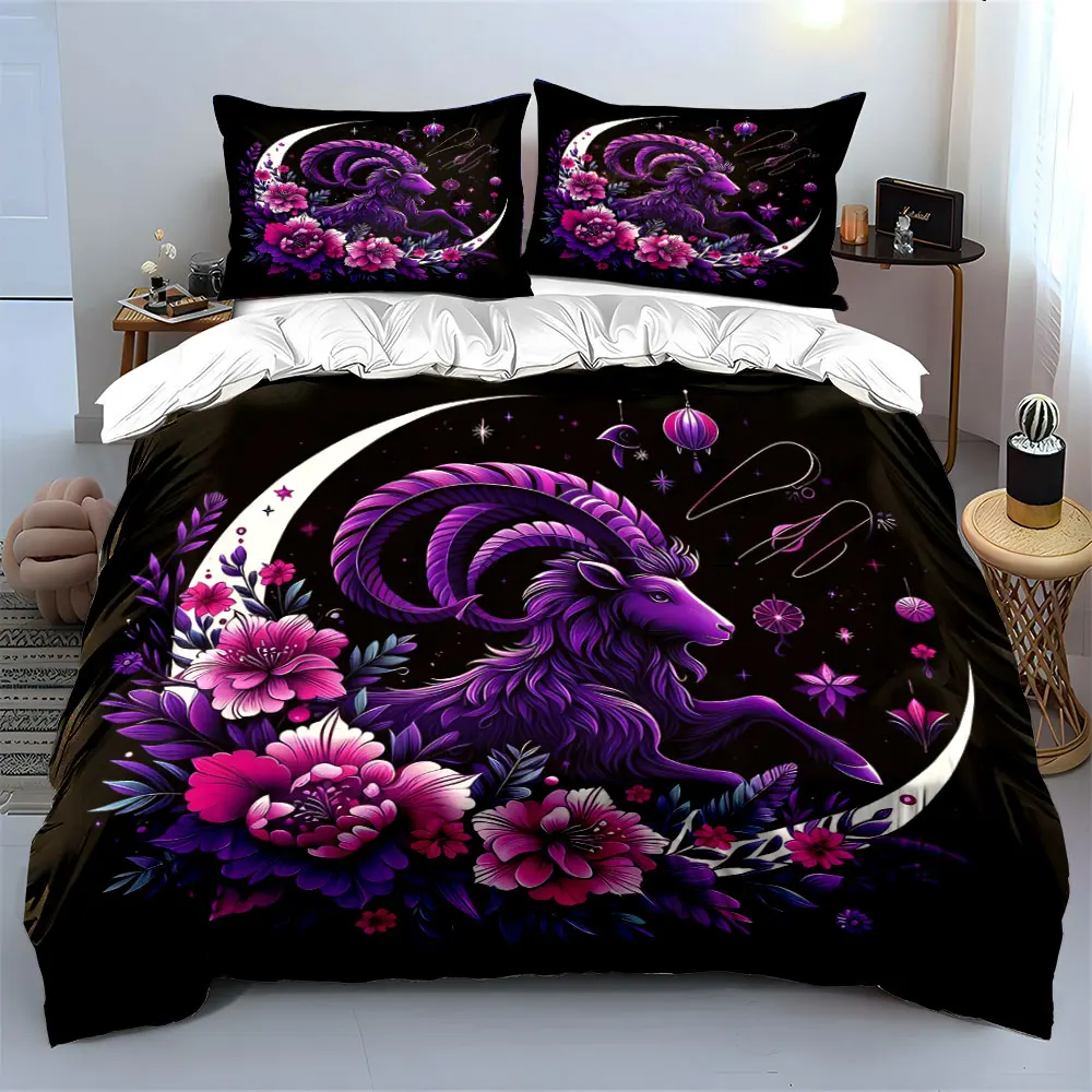 

"Zodiac Goat Floral Poster Set" Bedding Set with 1 Duvet Cover 2 Pillowcases Single Double King Queen, Gift